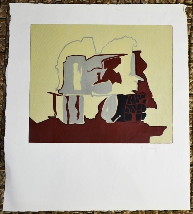 Null Ginsbury (20th century): abstract colour woodblock print, 49 by 43cm.