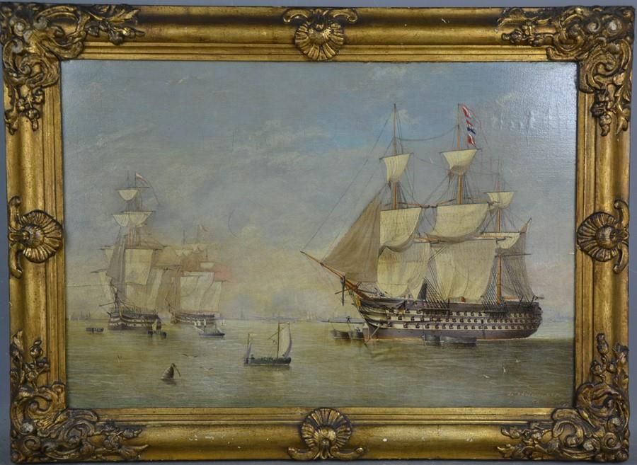 Null 一幅18世纪末/19世纪初的油画，描绘了平静海面上的战舰，34厘米×50厘米