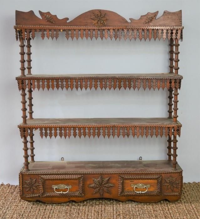 Null A 19th century Tramp art wall shelf, the shelves divided by turned spindles&hellip;
