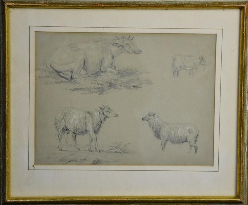 Null Dibujo del siglo XIX, ovejas y ganado, sin firmar, 21 por 26 cm.