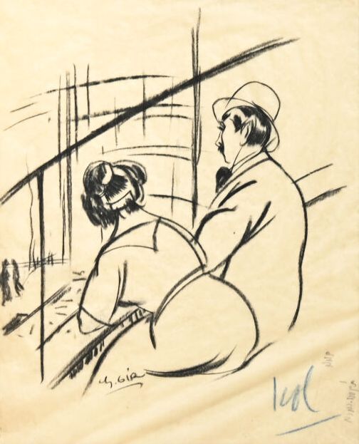 Null Charles Félix GIR (1883-1941) "Couple sitting at the theater" Charcoal on p&hellip;
