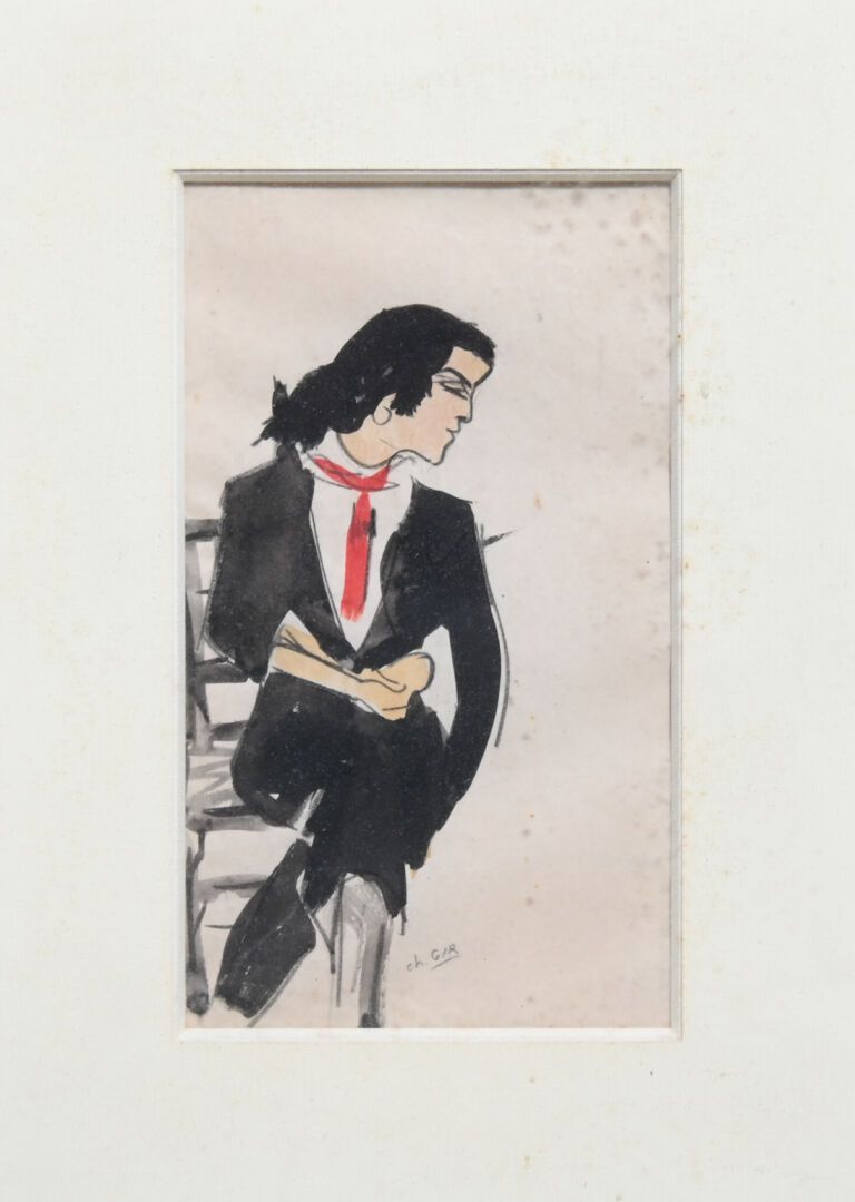 Null Charles Félix GIR (1883-1941) "Spaniard with red scarf" Ink and watercolor &hellip;