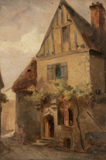 LEPINE Stanislas (1835-1892) «Vieille maison à Caen» Huile sur carton contrecoll&hellip;