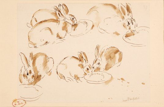 Jane POUPELET (1874-1932) « Etude de lapins » Dessin à la plume et lavis Signé a&hellip;