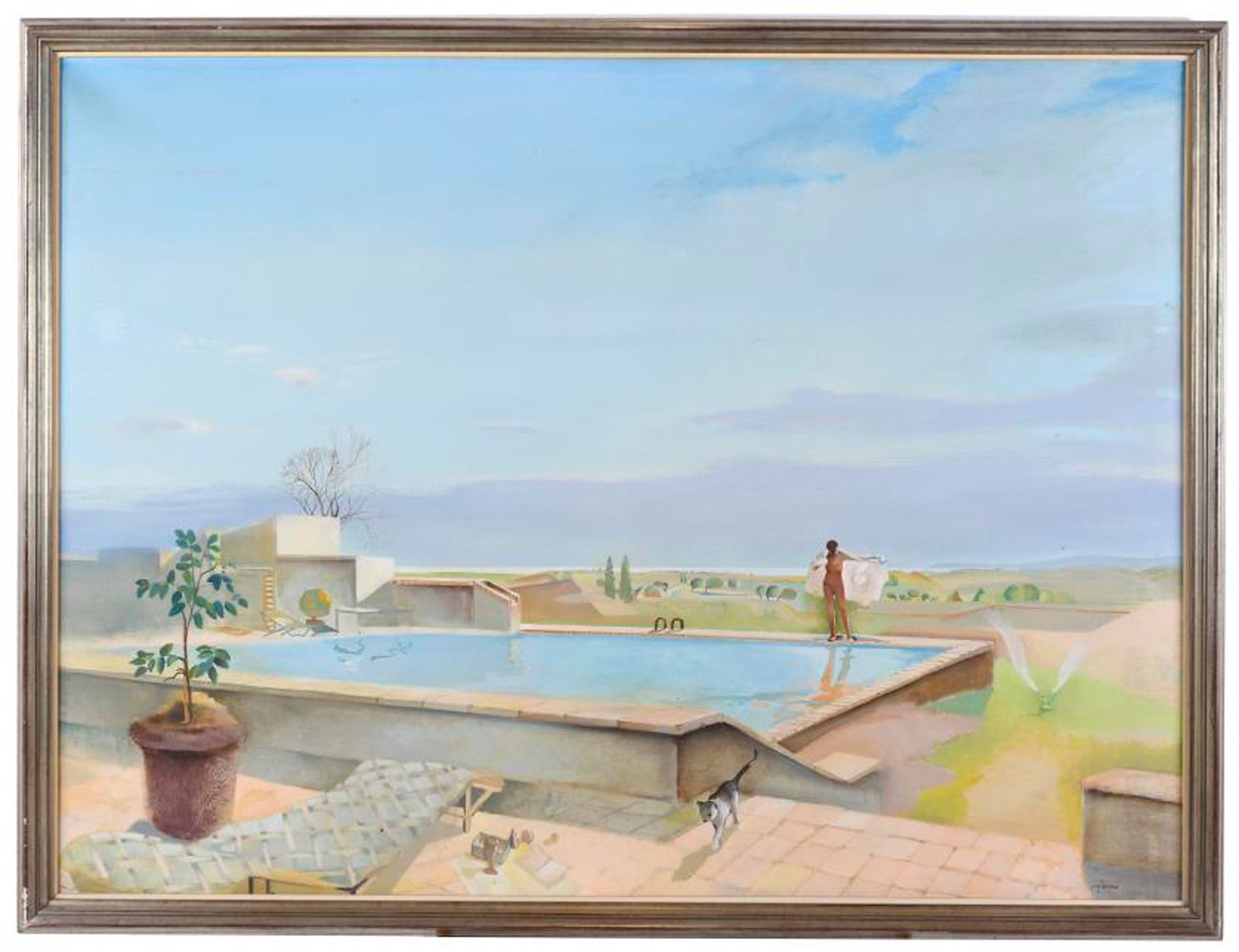 RAMON PUJOL BOIRA (1949). "LANDSCAPE WITH A GIRL IN A SWIMMING POOL AND A CAT". &hellip;