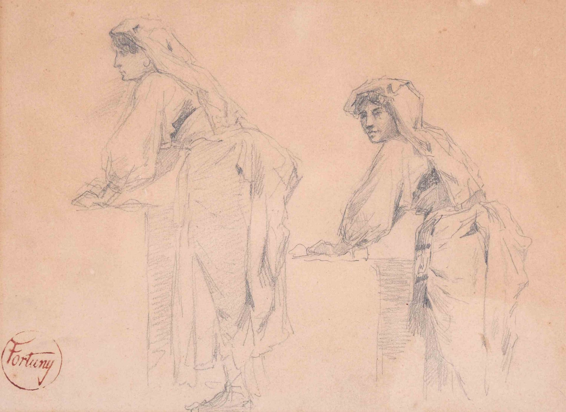 MARIANO FORTUNY I MARSAL (1838-1874). Study for "JÓVENES". Fusain sur papier _x0&hellip;