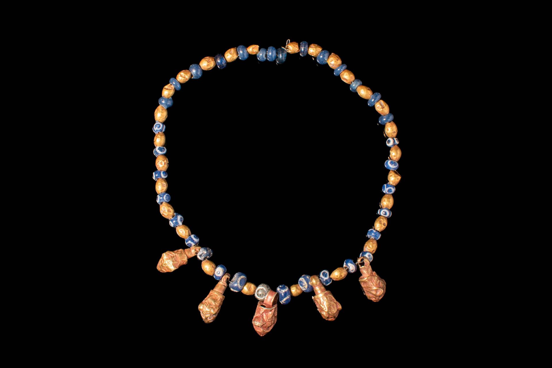 GRECO - PHOENICIAN NECKLACE WITH GLASS BEADS AND GOLDEN LION HEADS PENDANTS Ca. &hellip;