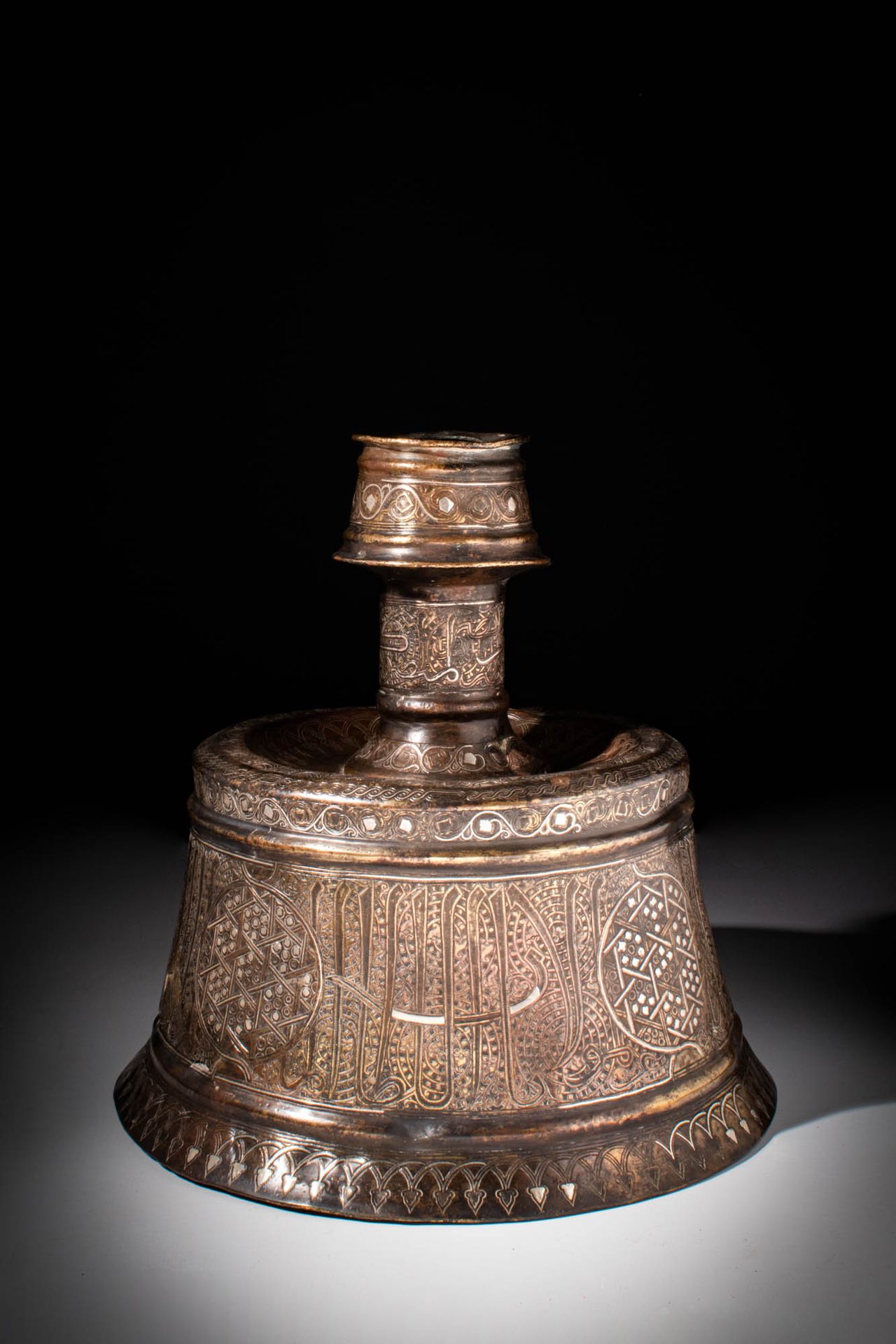 RARE SELJUK GILDED BRONZE CANDLESTICK DECORATED WITH KUFIC INSCRIPTION Ca. AD 13&hellip;