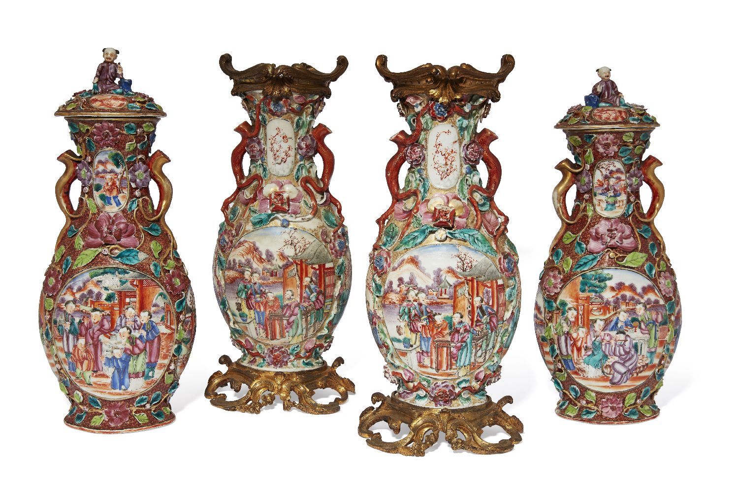 Null A garniture of four Chinese export porcelain 'Mandarin palette' vases, Qian&hellip;