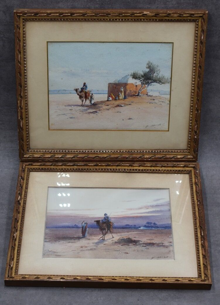 Paire d'aquarelles Ecole orientaliste, Vue du désert, paire d'aquarelles sur pap&hellip;