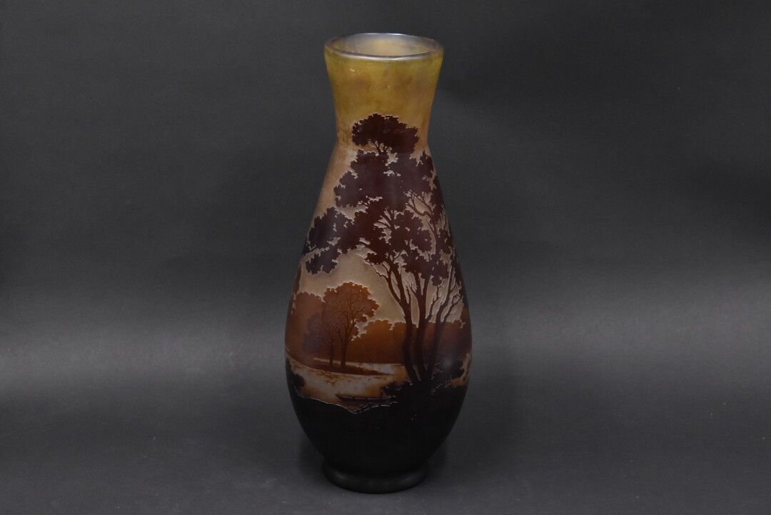 Null etablissements galle (1904-1936).阳台花瓶，瓶身呈扁平状，瓶颈呈锥形。棕色和橙色多层玻璃的证明

在黄橙色背景上的橙色&hellip;