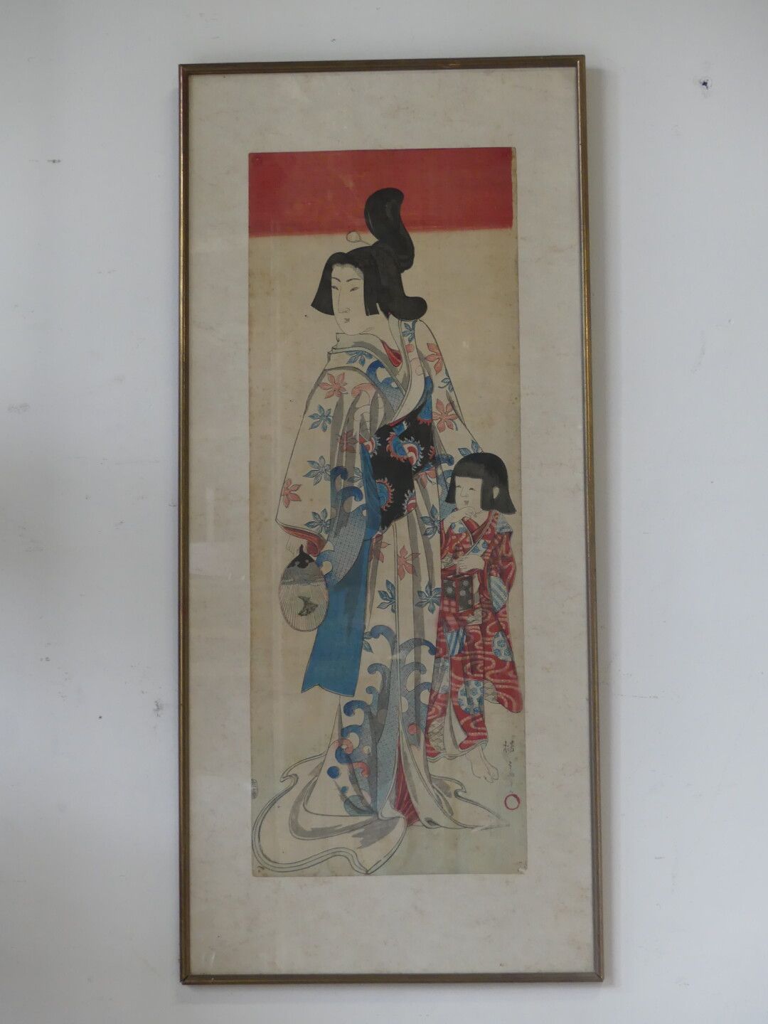 JAPON 日本。艺妓。宣纸版画一对，左下角有签名，并有字样。目测尺寸：67 x 26 cm