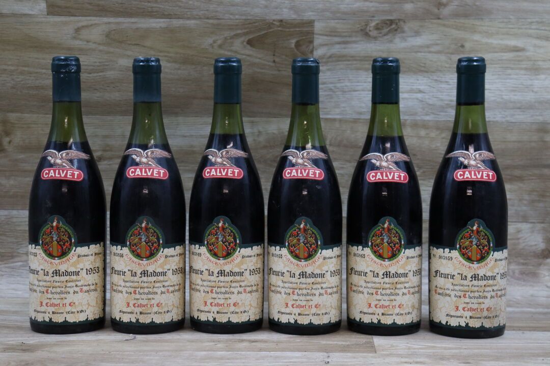 6 Bouteilles Fleurie "La Madonne" 1953 6 bouteilles de FLEURIE 1953 "La Madone".&hellip;