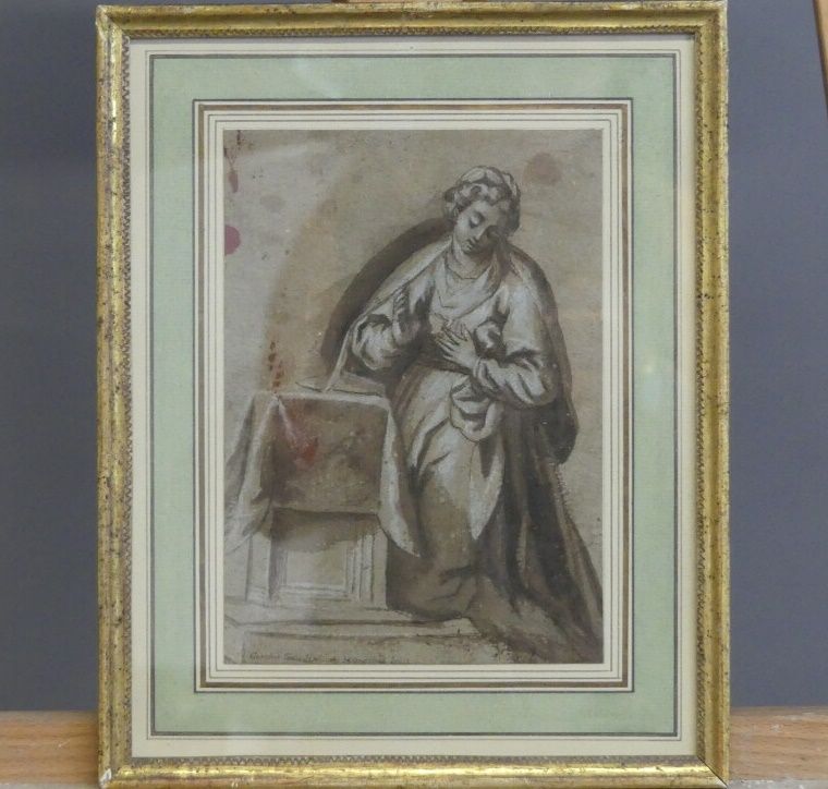 Null Ecole du XIXème siècle, Femme devant un autel, technique mite sur papier. D&hellip;