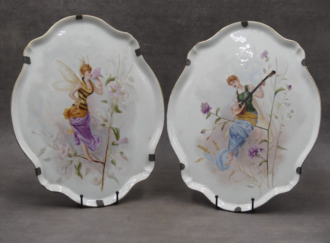 Null JPL Limoges France. Pair of porcelain dishes with fairies decoration signed&hellip;
