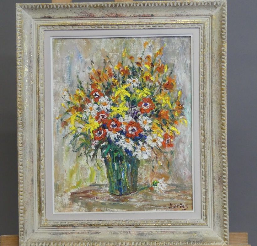 Null Julien DURIEZ (1900-1993)，各种花卉，水粉画在画布上。右下方有签名。背面有副署，标题，标有Chalon的展览，日期为1985年&hellip;
