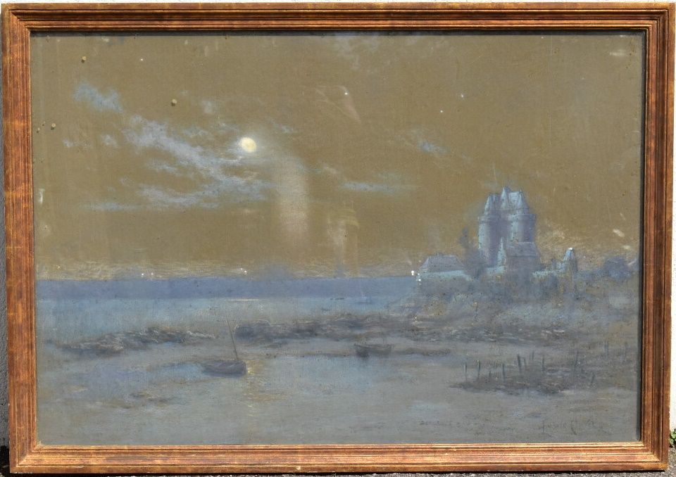 Emile CLAVEL Emile CLAVEL (1848-?) Marine au clair de lune, pastel sur toile, Si&hellip;