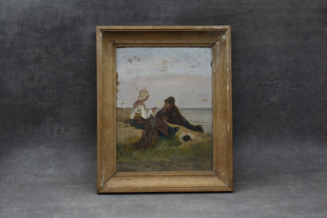 Null 约翰内斯-彼得-穆克（1831-1919），《海滩上的讨论》，板上油画。左下方有签名。尺寸：21 x 26 cm