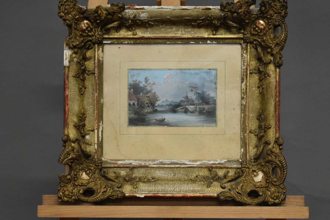 Null Eugène BAZIN (1799-1866), Paysage à la barque, gouache. Signé en bas à gauc&hellip;
