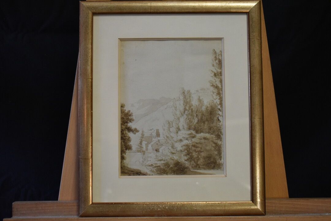 Null Ecole française du XXème siècle, Paysage de montagne, aquarelle et crayon s&hellip;