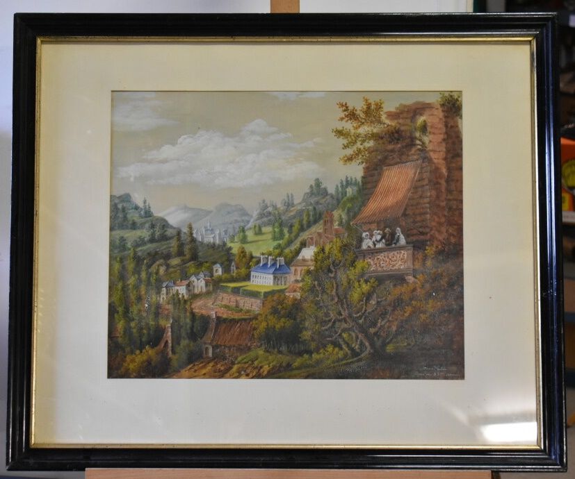 ARMAND GILLE XIXème siècle. "vue d'un village". Aquarelle sur papier encadrée so&hellip;