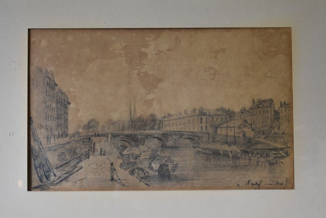 Null Ecole du XIXème siècle, Pont en ville , crayon noir sur papier, situé. Dime&hellip;