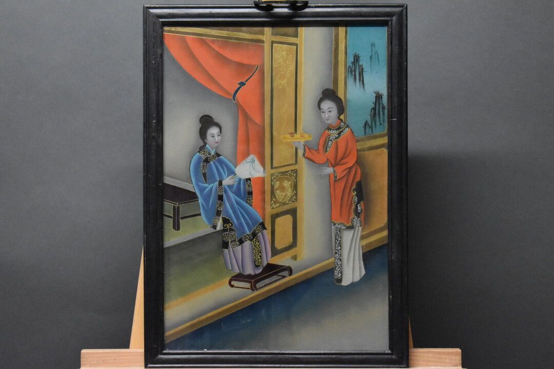 CHINE, Peinture fixée sous verre CHINE, XXème siècle; Peinture fixée sous verre &hellip;