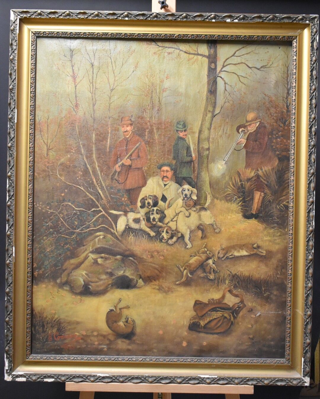 Scène de chasse Ecole du XXème siècle, Scène de chasse, huile sur toile, Signé e&hellip;