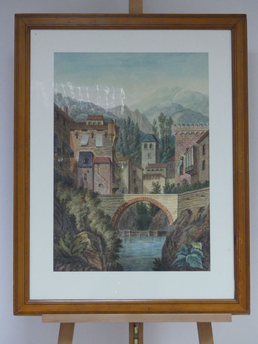 ARMAND GILLE XIXème siècle. "le pont du village". Aquarelle sur papier encadrée &hellip;