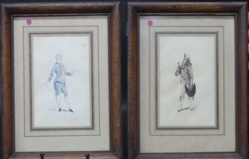 PAIRE DE GRAVURES Paire de gravure en couleurs, représentant deux gentilhommes, &hellip;