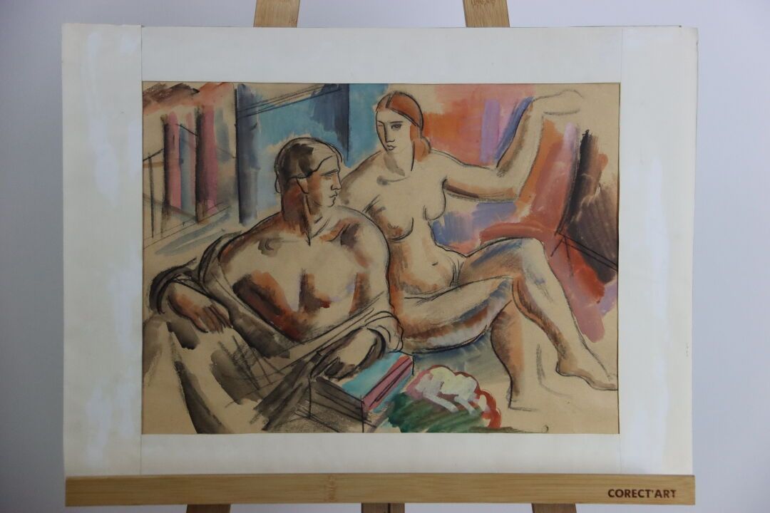 Ecoel du XXème School of the XXth century, Couple, watercolor and charcoal highl&hellip;