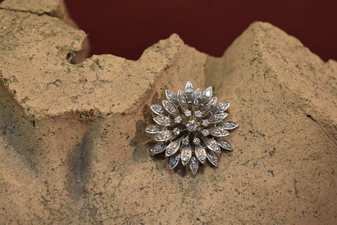 Null Une broche en or blanc 750/°° 12.10 g en forme de fleur. Un diamant central&hellip;