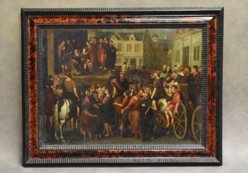 Scène de village. 17世纪的佛兰德学校。参加国王在平台上的谴责的人群。铜上油彩。

尺寸：47,5 x 60,5 cm

抬起来，不见了。

&hellip;