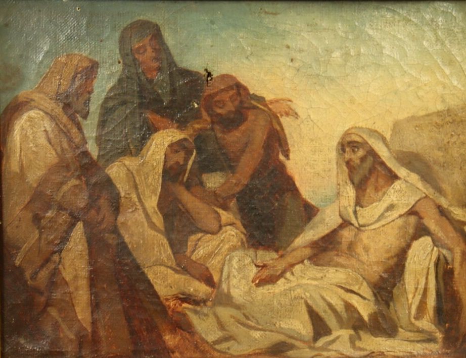 Louis Gallait (1810-1887). 归于 "约伯和他的朋友"，布面油画。画框背面有艺术家的名字和标题。尺寸：19x24.3厘米。裂缝、孔洞和修&hellip;