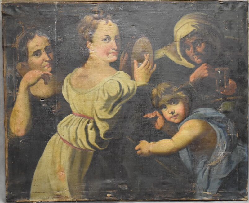 École italienne du XVIIIe siècle. 舞蹈的寓意，布面油画。尺寸：94 x 115厘米。修复和事故