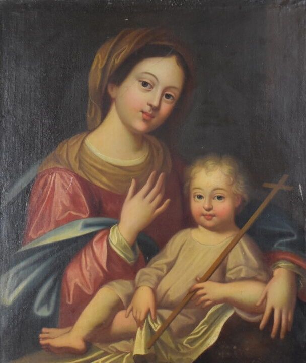 Ecole du XIXe siècle. 圣母与儿童，布面油画。尺寸：68 x 56 cm