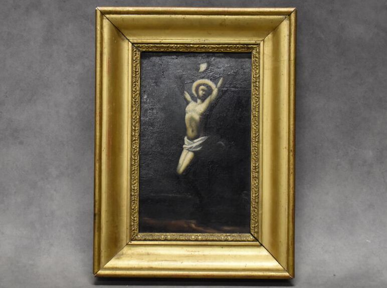 Christ en croix. 20世纪乔治-鲁奥风格的学校，十字架上的基督，板上油画。尺寸：24 x 15 cm

重绘的