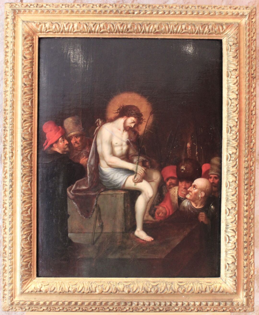 ÉCOLE FLAMANDE DU XVIIe SIÈCLE. 弗朗斯-坎肯二世的随从，《暴动中的基督》，油画板，两块板，未准备。雕刻和镀金的木框，带有17世纪&hellip;