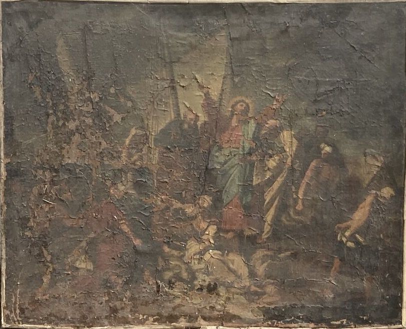 Ecole du XVIIIe siècle. 历史的场景，布面油画。尺寸：78 x 97厘米。损坏、缺失的部件和修复。