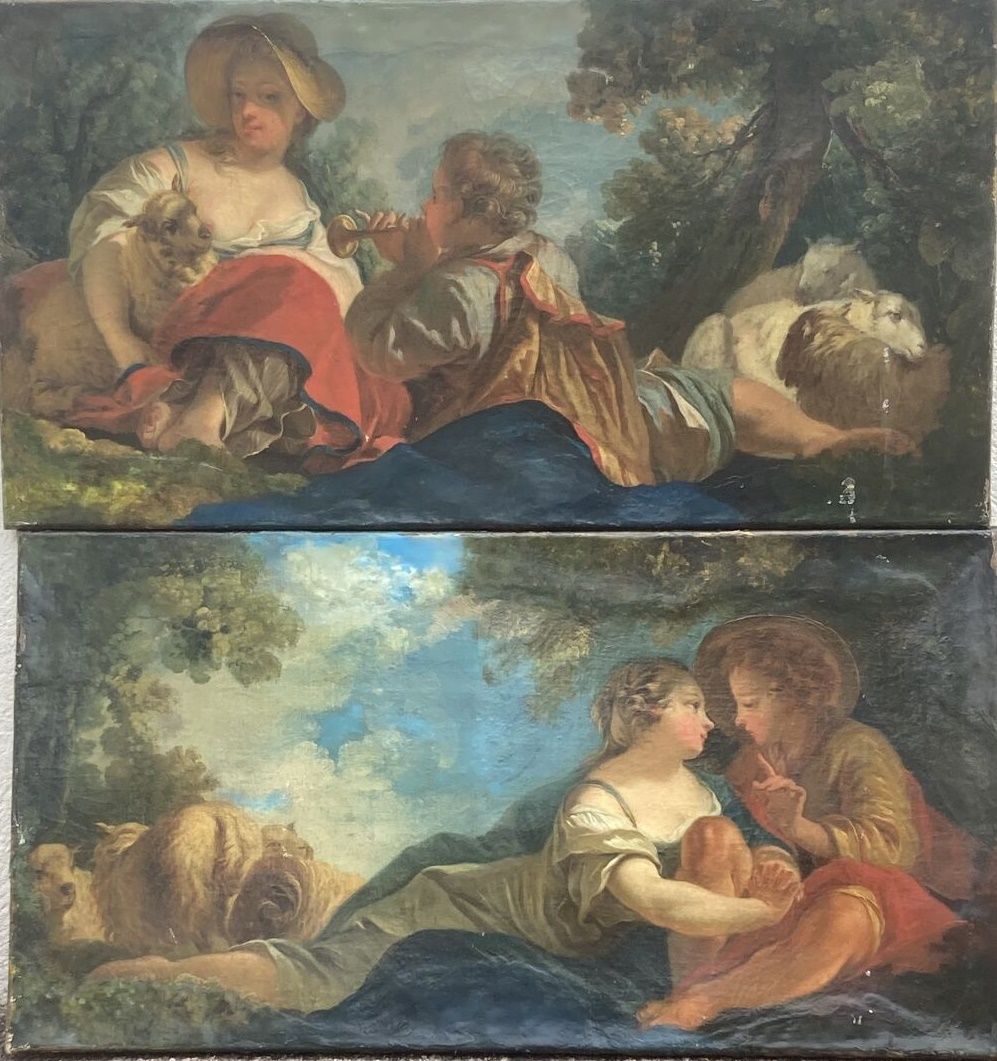 Jean-Baptiste BÉNARD (1720-1789) (attribué à). 两幅爱的田园风光形成的吊饰，布面油画。尺寸：62 x 117厘米。&hellip;
