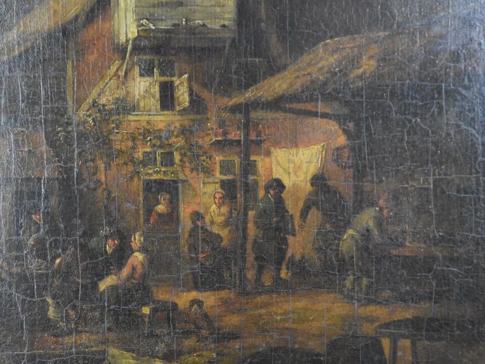 École FLAMANDE du XVIIIe siècle. Animated inn, oil on panel. Size : 30 x 26 cm