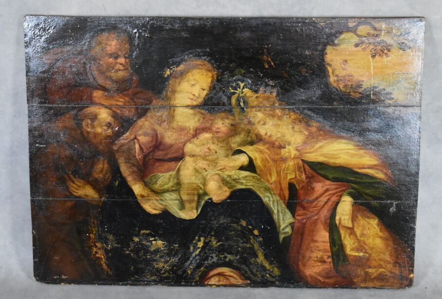 Ecole du XVIIe siècle. Sacra famiglia, olio su tavola. Dimensioni: 59 x 83 cm. M&hellip;