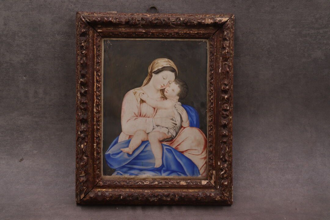 Ecole Française du XVIIe siècle. 圣母与儿童，水粉微型画，丝光纸。背面的标签上标有Houbard出售1930年。目测尺寸：22 &hellip;