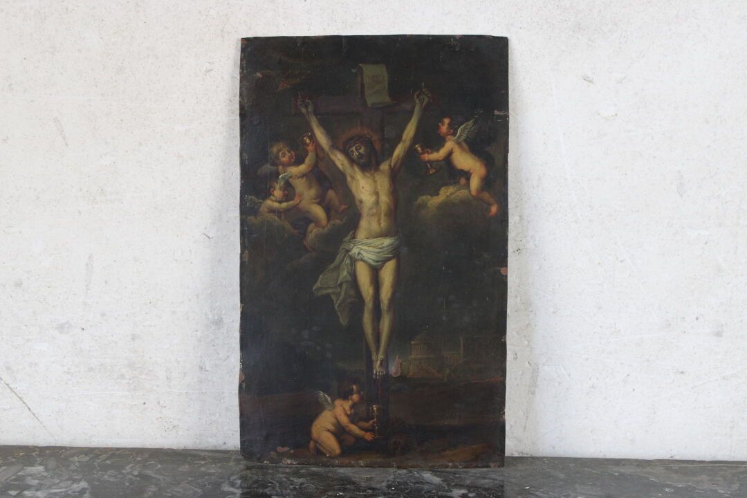 École du Nord du XVIIIe siècle 18世纪的北方学校，十字架上的基督，铜上油彩，28.5 x 17.5厘米。薯片