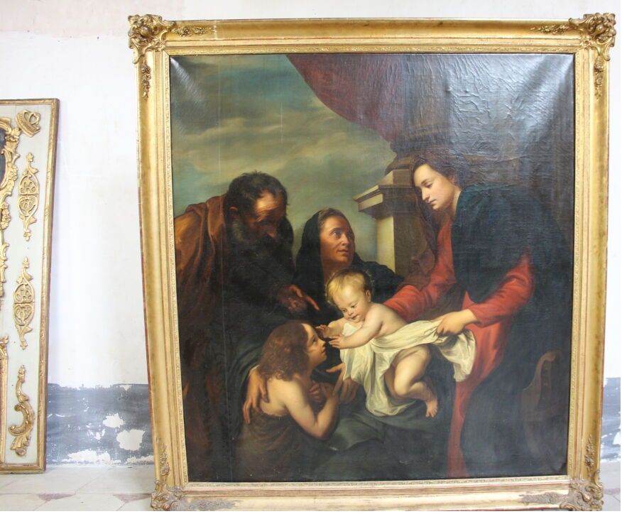 École iItalienne du XIX siècle 19世纪的意大利学校。基督和施洗者圣约翰的会面。布面油画。154 x 141厘米。镀金灰泥框架