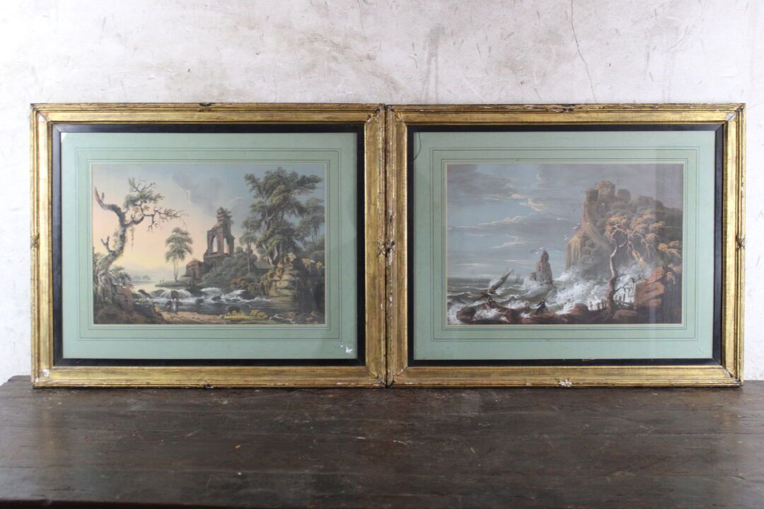 ECOLE FRANÇAISE D'ÉPOQUE LOUIS XVI 路易十六时期的法国画派，有废墟和海边风暴的风景，两幅水彩画和水粉画的亮点，可以形成一个吊坠&hellip;