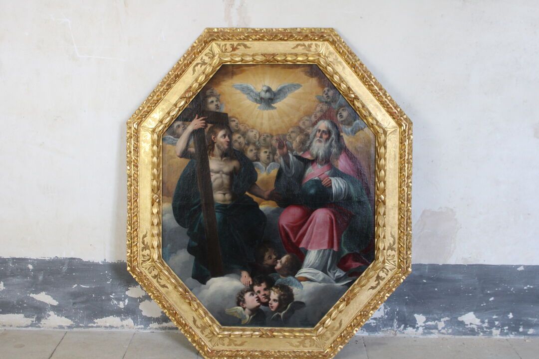 Importante école italienne du XVIIIe siècle 重要的18世纪意大利学校（罗马？），《圣三一》，布面油画，八角形，123&hellip;