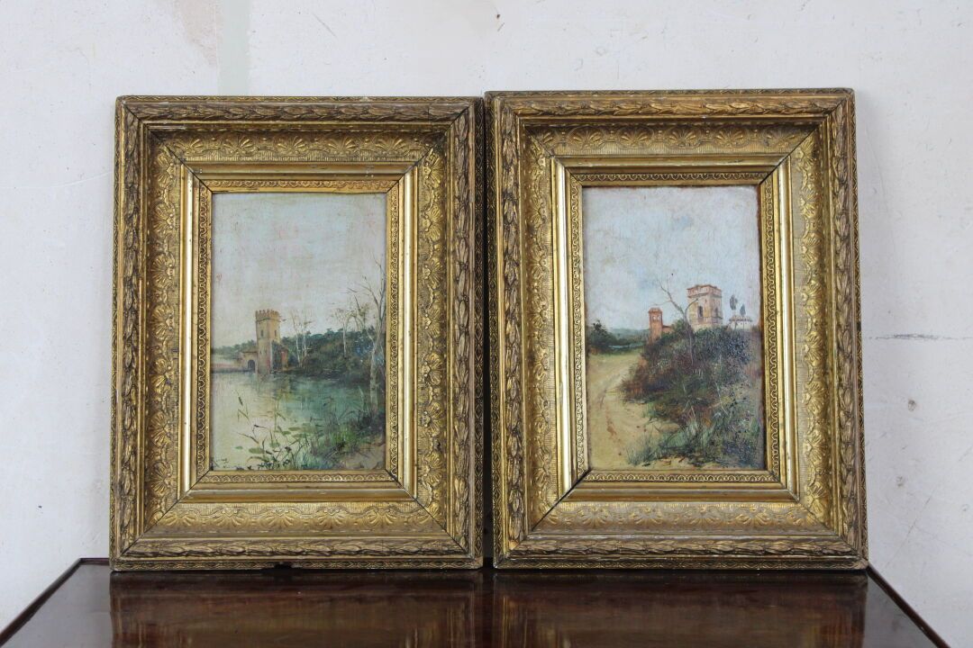 École ESPAGNOLE du XIXe siècle 19世纪的西班牙学校，阿尔坎塔拉的风景，一对板上油画，其中一个签署了 "T.左下角是里瓦斯的。

&hellip;