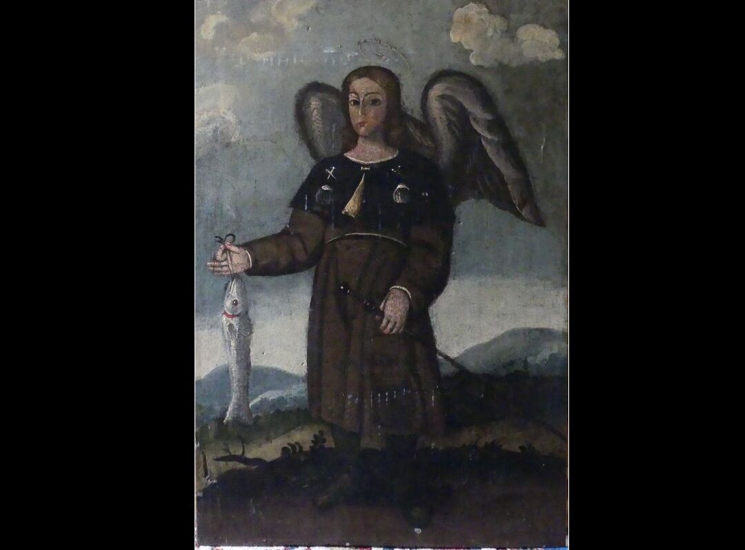 Null School of the XIXth, Archangel Raphael with fish, Peru ? Oil on panel. Dime&hellip;