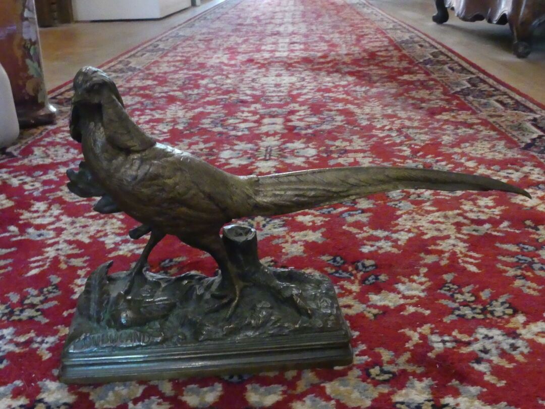 Null 阿尔弗雷德-杜布坎德（1828-1894）。橡树脚下的野鸡，青铜签名。尺寸：18x29x7.5厘米